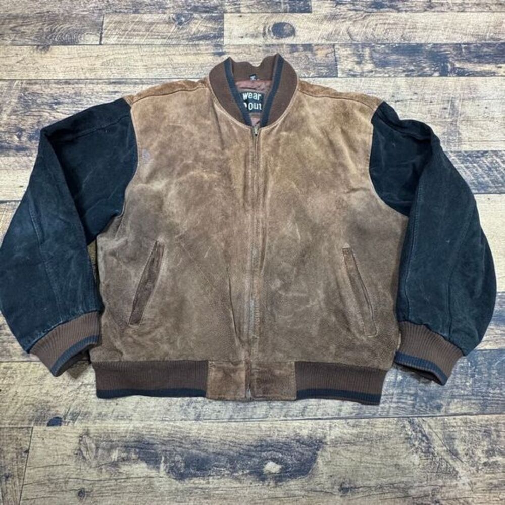 U2 Wear Me Out Vintage Brown Black‎ Suede Leather Varsity Bomber Jacket L